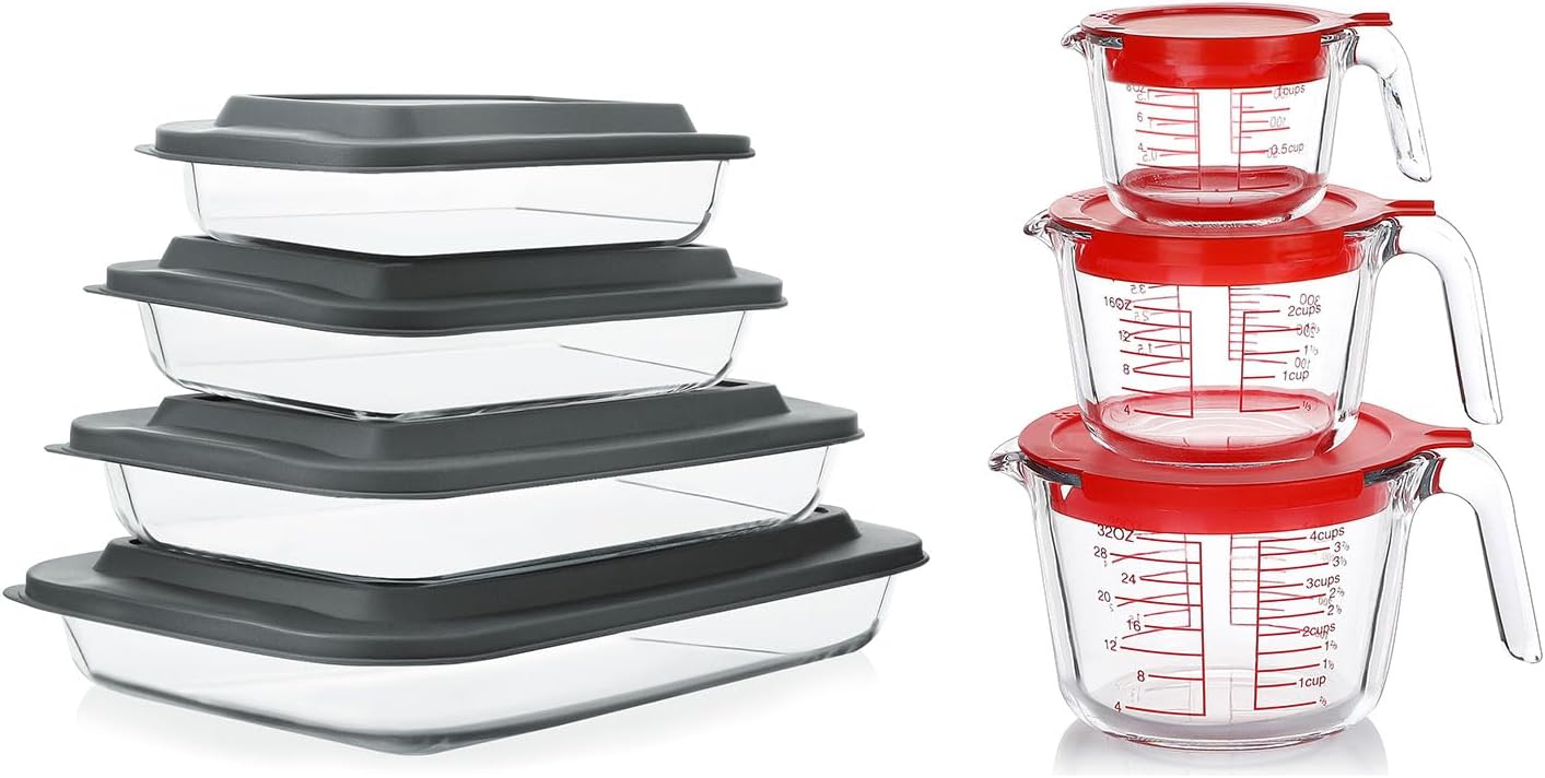 Skiennix 8-Piece Deep Glass Baking Dish Set - Includes Lids & 6 Measuring Cups for Kitchen Cooking