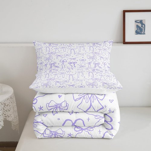 Castle Fairy Purple Bow Comforter Set Twin Size, Cartoon Bow Bedding Set, Kawaii Princess Style Stars Love Bowknot Quilt Set for Kids Girls Women Teens Room Decor,Romantic Duvet Insert,1 Pillowcase