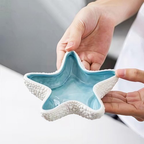Koyzsen Starfish Jewelry Dish Ceramic Holder Ring Trinket Tray, Ocean-themed Decorative Trinket Dish, Suitable for Mother Friend Sister, Gifts for Women, Home Decor Trinket Dish(Sea Blue)