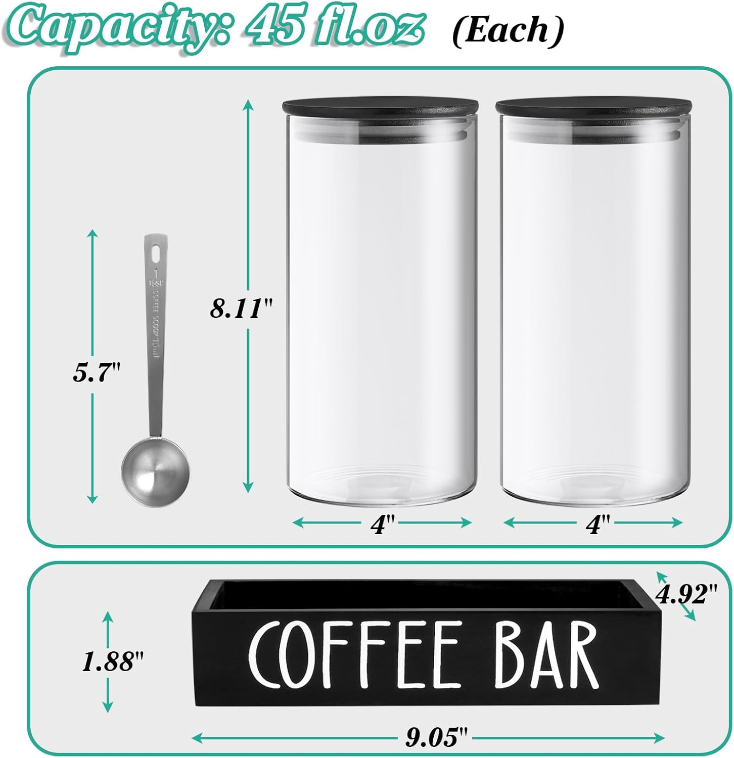 Skiennix Glass Coffee Canister Set - 2Pcs 45oz Airtight Containers with Bamboo Lids & Black Tray | Stylish Coffee Storage Jars for Home Decor