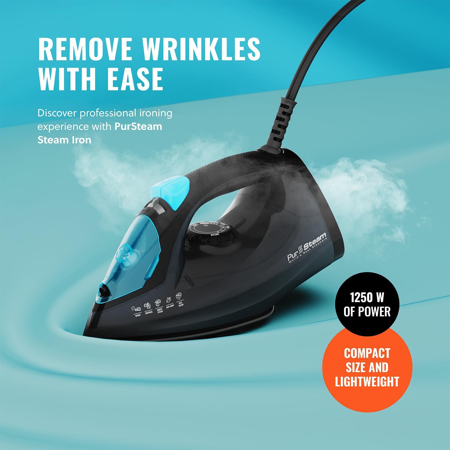 PurSteam Professional 1250W Steam Iron - Powerful Steamer with Burst of Steam & Non-Stick Soleplate