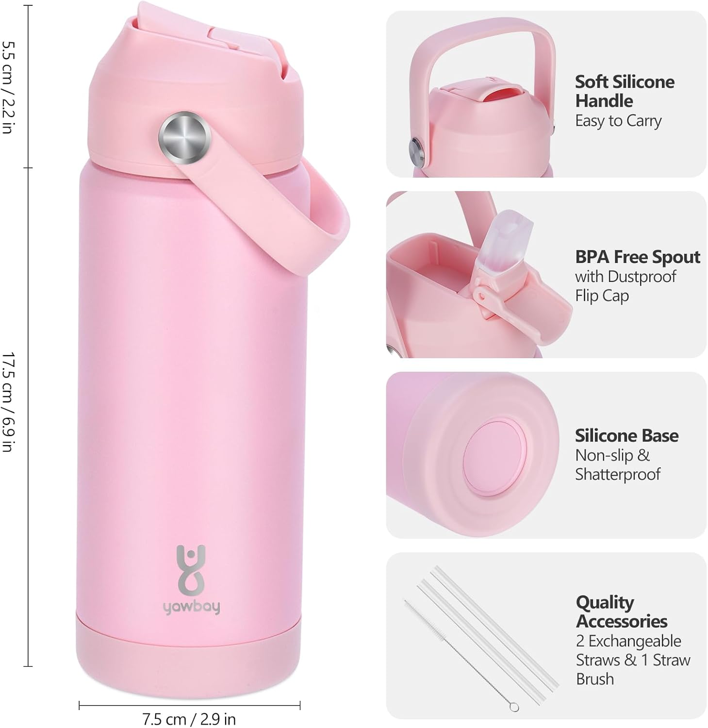 Skiennix 18oz Kids Insulated Water Bottle - Leak Proof Straw Lid & Silicone Handle | Light Pink