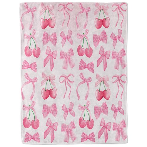 Reateforin Pink Cherry Bow Throw Blanket Back to School Decorations Soft Dorm Room Essentials Gifts for Students Girls Boys Lightweight Coquette Bow Cherry Aesthetic Blanket for Nursery Room 30"x40"