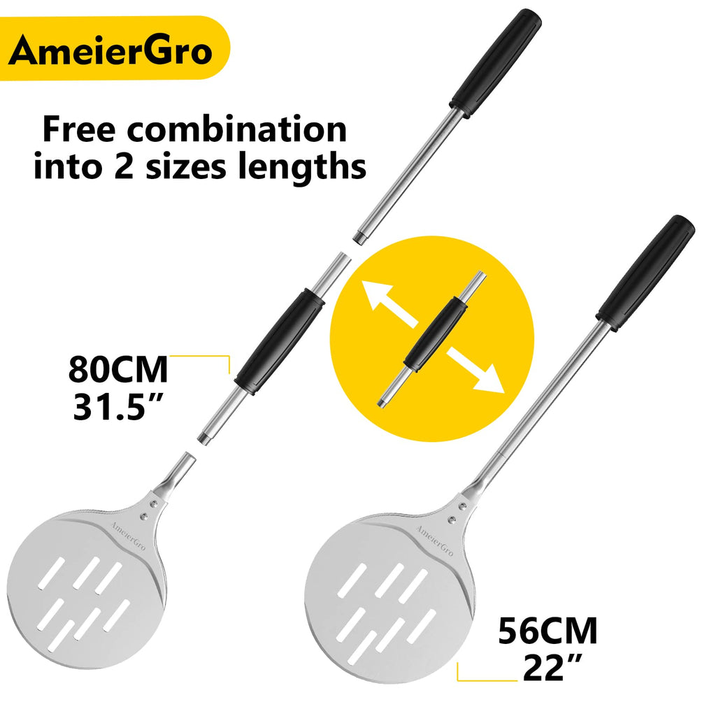 AmeierGro Pizza Turning Peel, 7 Inch Perforated Pizza Peel Turner, Adjustable Long Handle Pizza Spatula, Pizza Paddle Harden Anodizing, Pizza Oven Accessories for Pizza