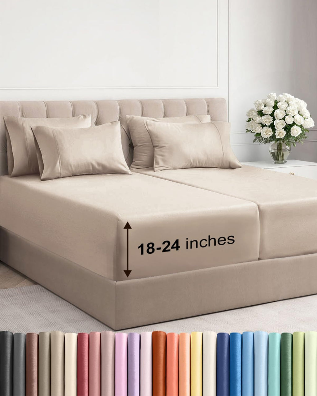 Skiennix Extra Deep Split King Sheet Set - 7 Piece Breathable Cooling Bedding - Soft Wrinkle-Free Wheat