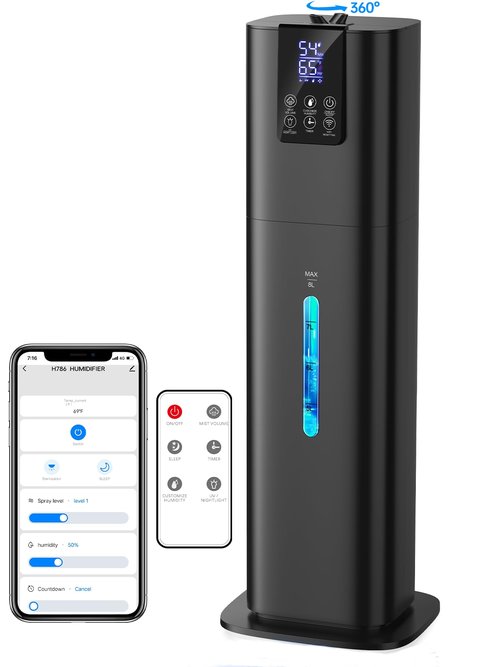 8L Smart Humidifiers for Bedroom Large Room, 2.1Gal Cool Mist Top Fill Diffuser Ambient Light, App & Remote Control, 3 Mist Modes, Quiet Humidifier for Home Office Plant (Black)