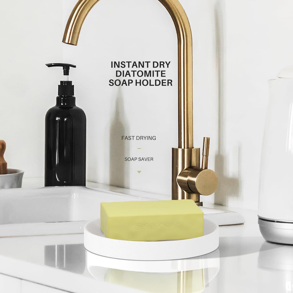 Slow Slog 2 Pack Diatomite Soap Dish Holder, Quick Dry Stone Bar Holder, Water Absorbent Bath Dish Holder, Diatomaceous Earth Soap Tray for Hand Soap, Sponge Organizer, White