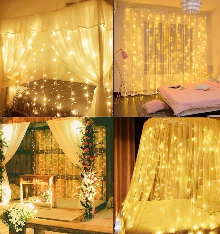 Skiennix 300 LED Curtain Lights - 3M x 3M Fairy String Lights for Weddings & Festivals | USB Plug, 8 Modes, Warm White