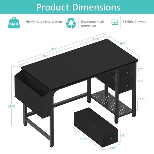 Lufeiya Computer Desk with Fabric Drawers, 40 Inch Reversible Gaming Desk for Small Space Home Office, Modern Simple Study Writing Table PC Desks for Bedroom, Black