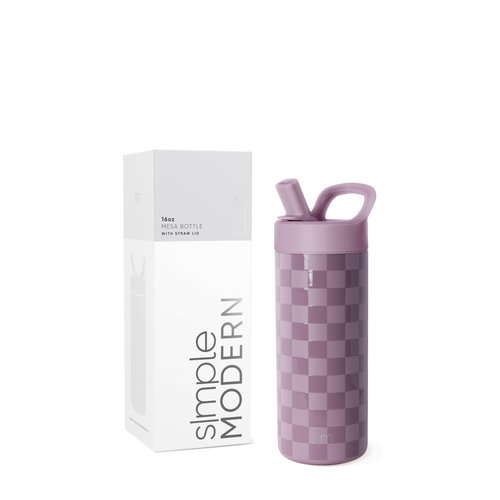 Simple Modern Kids Water Bottle with Straw lid | Insulated Stainless Steel | Reusable Thermos for Girls, School & Sports | Leak Proof & BPA Free | Mesa Collection | 16oz, Lavender Checkmate
