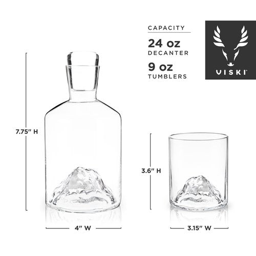Viski Mountain Decanter and Tumbler Set, Percect for Scotch and Bourbon, Hand-Blown Whiskey Gifts for Men, Set of 3, 24oz Decanter, 9oz Tumblers