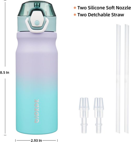 BJPKPK Insulated Water Bottle - 18oz Stainless Steel Flask with Straw, Leak-Proof Lid & Carry Handle | Lavender Green