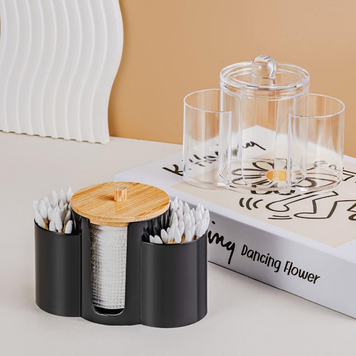 Q-Tip Holder by 3-in-1 | Premium Bathroom Organizer Canister with Dustproof Lid - Black