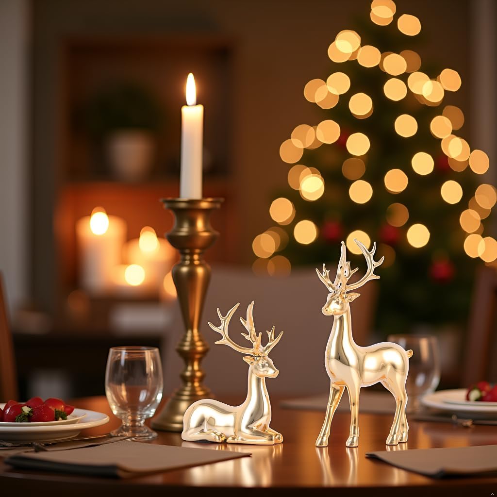 Suruim Gold Reindeer Christmas Decor Set - Elegant Deer Figurines for Table & Home Decor | 2 Pcs