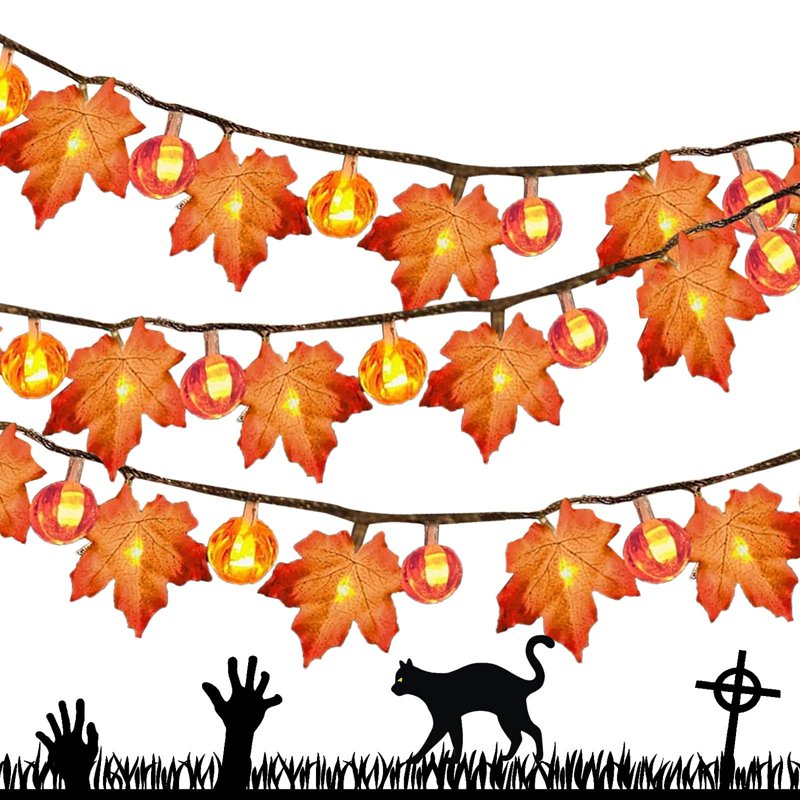 LED Maple Leaf Garland with Pumpkin Lights 19.6ft Fall Thanksgiving Decor