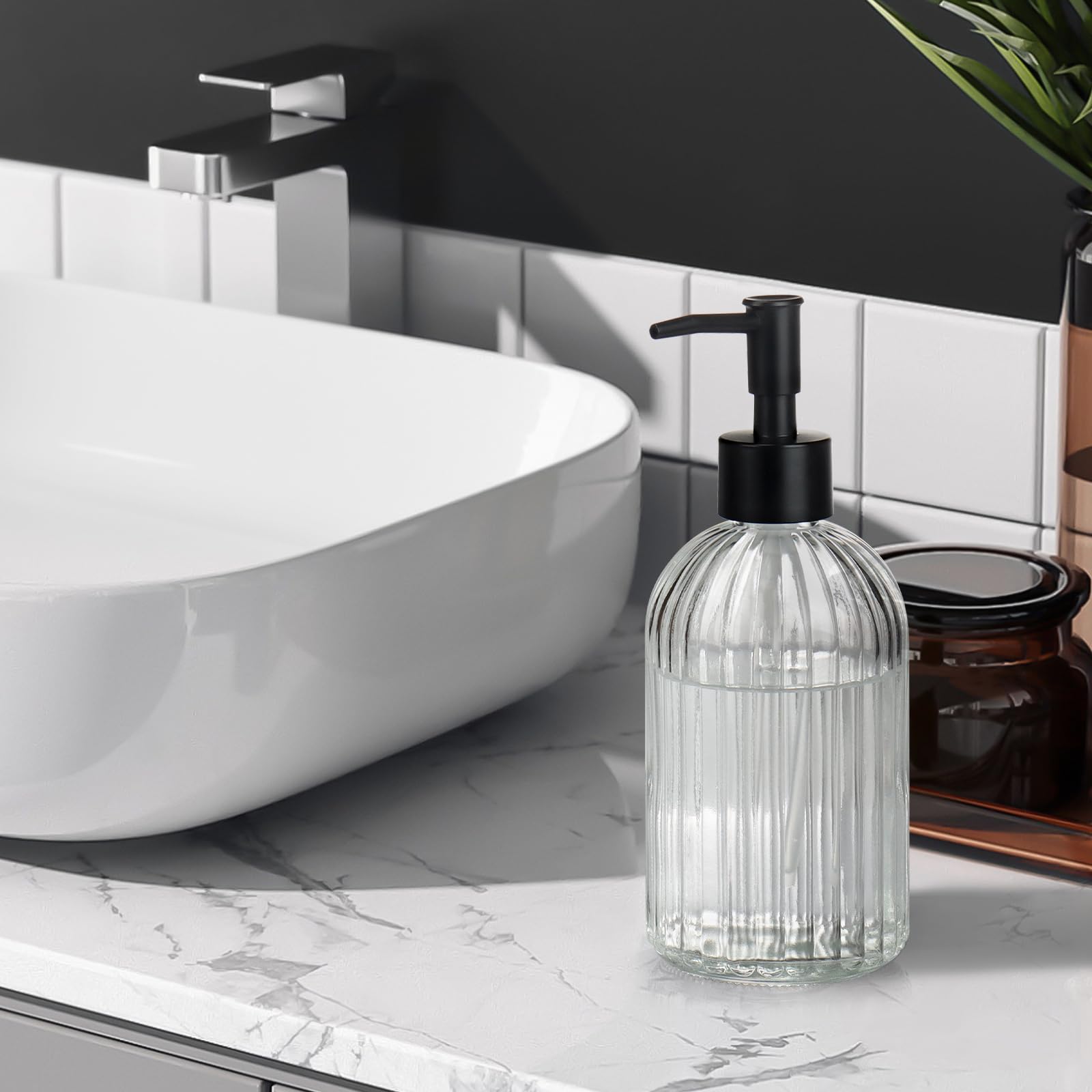 1 Pack 13.5oz Glass Soap Dispenser with Plastic Pump, Vertical Stripe Design Refillable Hand Soap Dispenser for Hand Wash, Bathroom and Kitchen