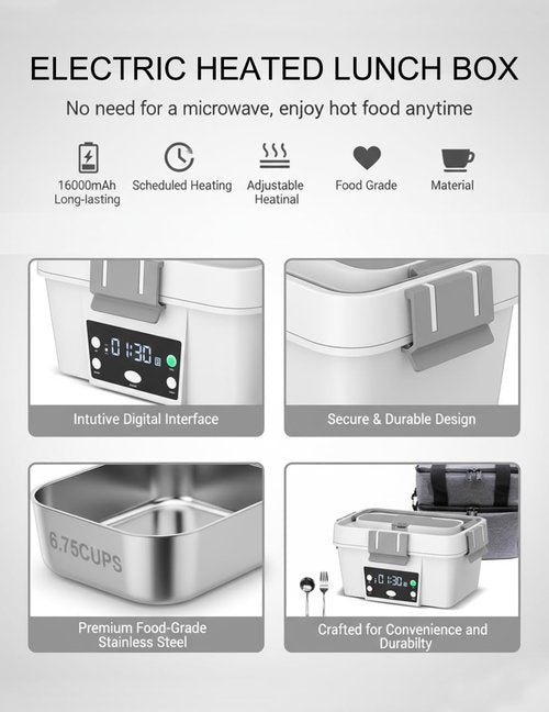 Cordless Electric Lunch Box for Work – 16000mAh Battery Powered Self Heating Food Warmer, 1.6L Portable Heated Lunchbox for Truck Drivers, Construction & Outdoor Use