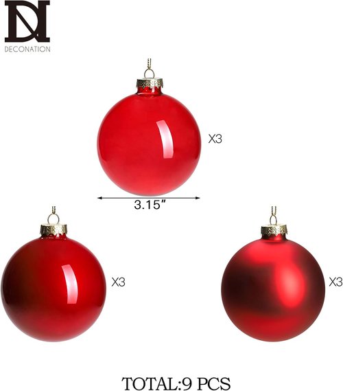 DN DECONATION Red Glass Christmas Ornaments - Set of 9 | 3.15" Hanging Baubles for Holiday Decor