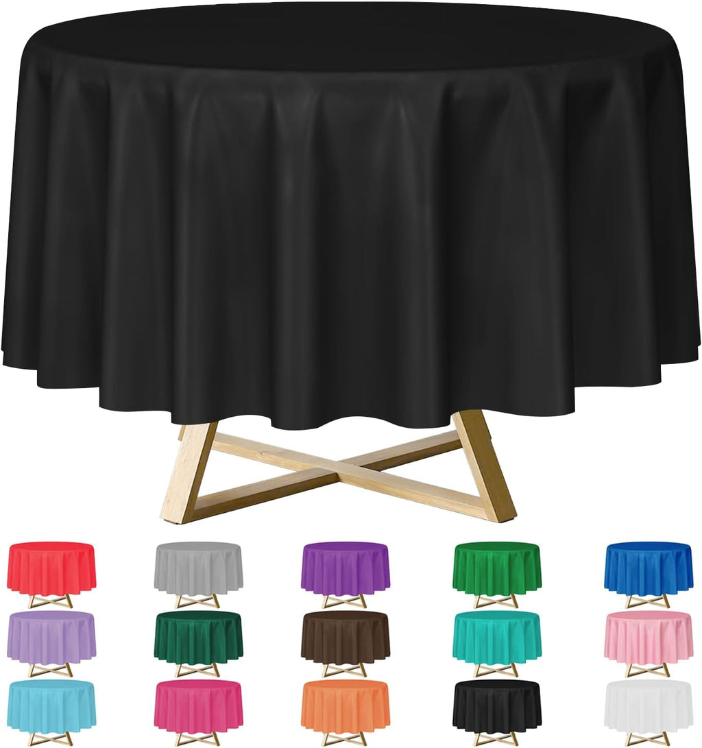 Skiennix 84-Inch Round Disposable Plastic Tablecloths - 12 Pack in Classic Black for Parties