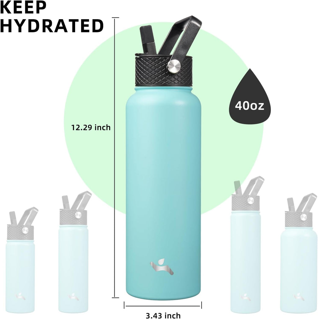 Skiennix 40oz Insulated Water Bottle - Durable Stainless Steel Sport Bottle with 3 Lids | Turquoise