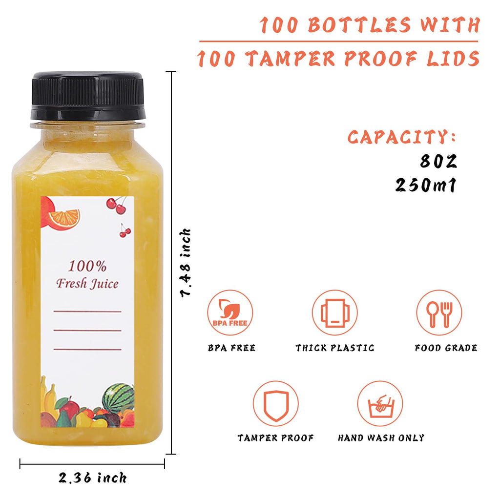 OBKJJ Plastic Juice Bottles 150 pcs 8 oz Empty Plastic Water Bottles with Caps Reusable Clear Beverage Containers for Drinking, Juicing, Smoothie, Water with 2 Brushes, 2 Funnels, 160 Stickers (8 OZ)
