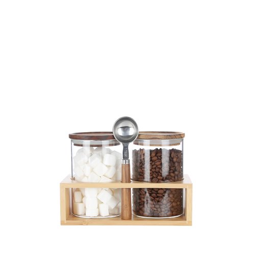 KKC HOME ACCENTS Clear Borosilicate Glass Glass Storage Jars with Airtight Wood Lids,Air Tight Sealed Wooden Top Glass Jars with Spoon for Coffee,Tea,Sugar, 25 OZ (750 ml)