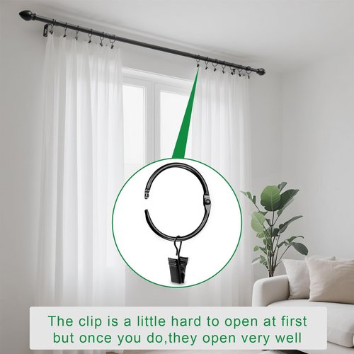 LLPJS Openable Curtain Rings with Clips, Open Drapery Rings with Hooks, Curtain Clips 1.26 inch Interior Diameter, Fit up to 1" Curtain Rod (Black, 1.26" I D Set of 36)