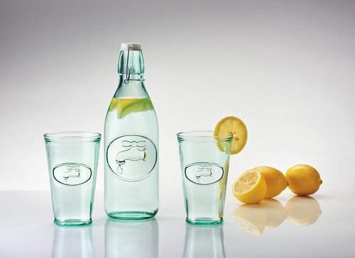 Amici Home Water Tap Hiball Glass | 16 Oz | Italian Made, Recycled Glass with Green Tint | Drinking Glass with Embossed Design for Water, Juice, Cocktails (Set of 6)