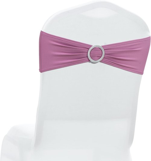 MDS Premium Stretch Spandex Chair Sashes - Pack of 75 Dusty Pink Covers with Buckle Slider for Events