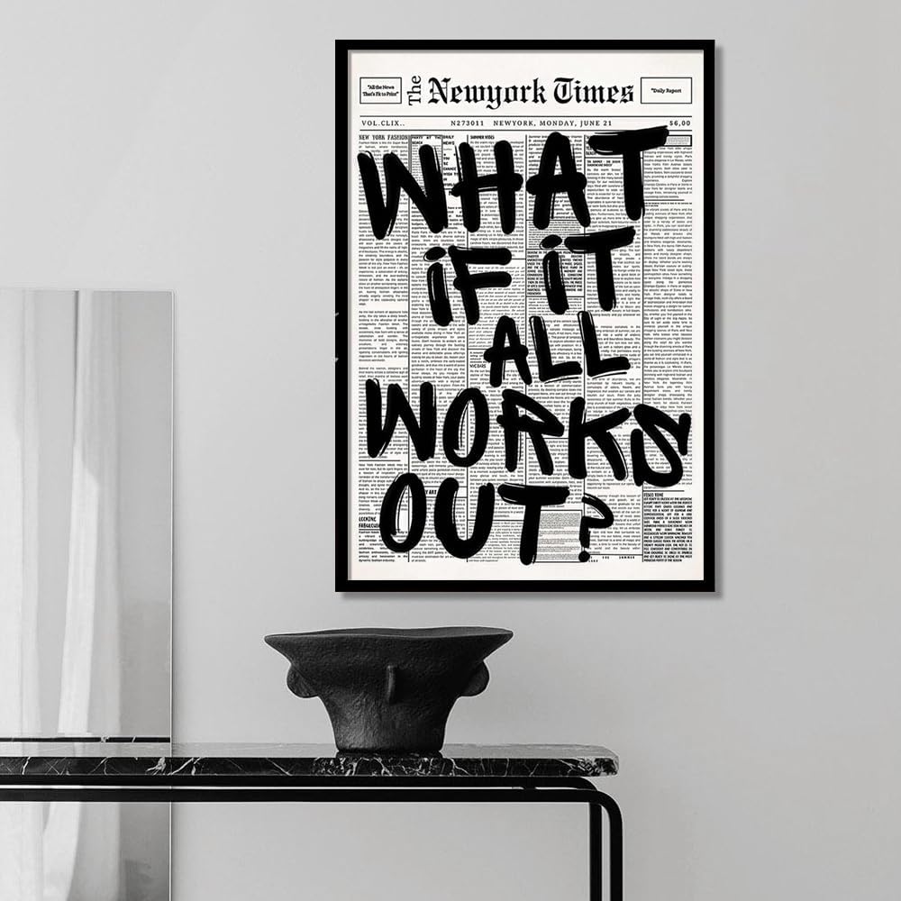 Skiennix Trendy Black and White Framed Wall Art | "What If It All Works Out" Poster for Preppy Dorm Decor