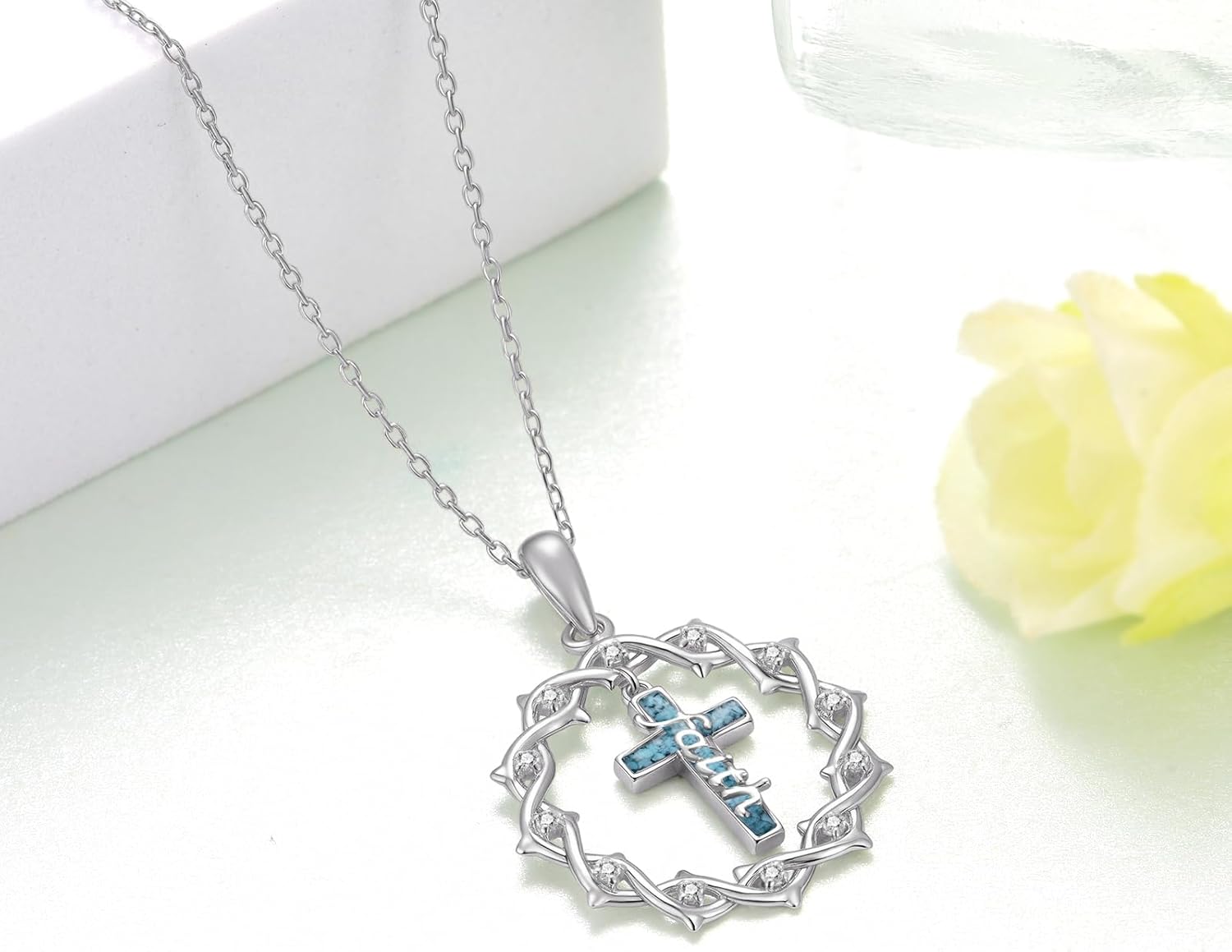 Regine Switzerland 925 Sterling Silver Cross Necklace - Turquoise Crown of Thorns Pendant for Women