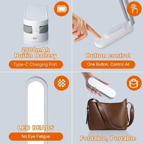 Giryuhd LED Desk Lamp - Rechargeable & Portable Light with 3 Brightness Levels | Ideal for Home & Office (White)