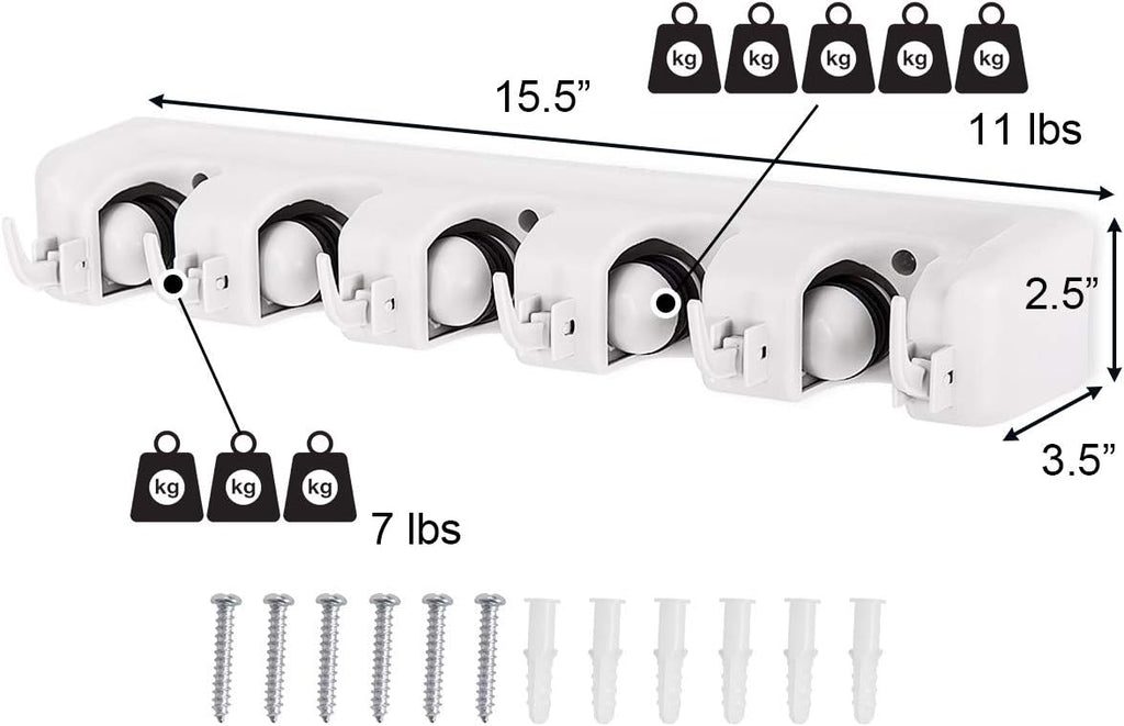 Tangkula Wall Mount Broom Holder - 5 Slot Organizer with 6 Hooks for Home, Kitchen & Garage (White)