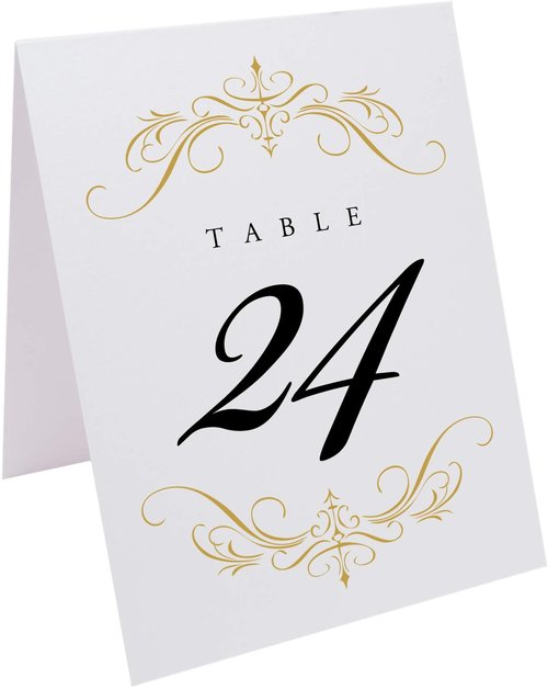 Classic Flourish Wedding Table Numbers, Gold, 1-50, Double Sided, Tent or Use in a Stand, Great for Parties & Restaurants - Made in the USA