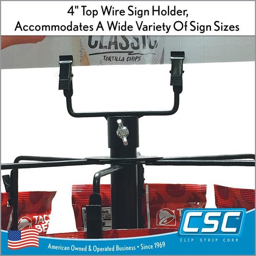 Clip Strip Free Standing Spinner Retail Display Rack Corp, 68.5" H,108 Total Clips, 4" Top Wire Sign Holder, 12 Rotating Rods each w/ 9 Heavy Duty Genuine Coil Spring Clips, 24" W Base, Black