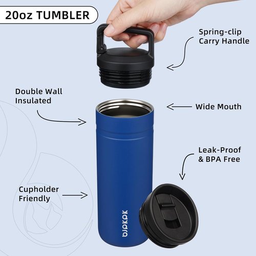 BJPKPK Insulated Water Bottle - 20 oz Double Wall Stainless Steel Travel Mug with 2 Lids | Sapphire Blue