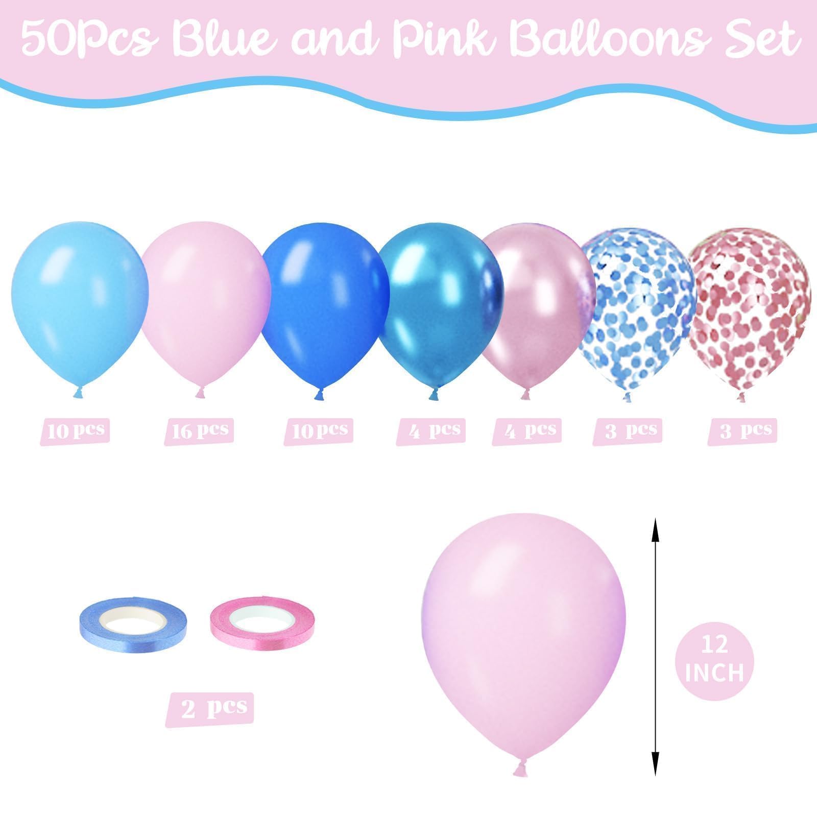 Paready Pink and Blue Balloon Set, 50Pcs Metallic Blue Pink Balloons, 12 Inch Pastel Confetti Royal Balloons for Kids Cartoon Baby Shower Gender Reveal Birthday Party Decorations