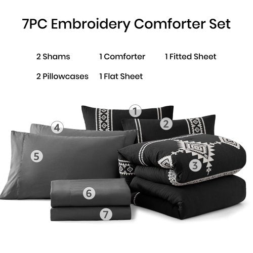 MaiRêve Embroidery Queen Size Comforter Set Black, Boho Farmhouse Western Bedding Set 7 Pieces, All Season Bed in A Bag Comforter Set with Sheets, Pillowcases & Shams