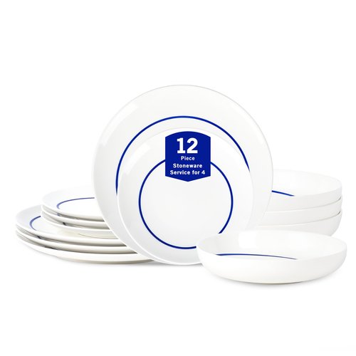 Stone Lain Luna 12-Piece Porcelain Dinnerware Set, Plates and Bowls Set, Dish Set for 4, Blue