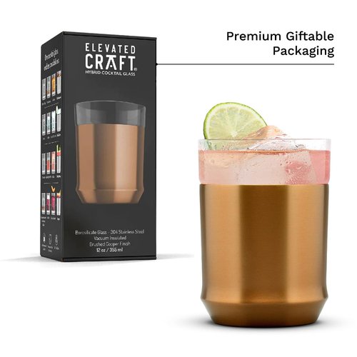 Elevated Craft Hybrid Cocktail Glass Premium Vacuum Insulated Steel Base with Removable Insert - 12oz Rocks Glass, Double Old Fashioned Lowball for Margaritas, Bourbon, Whiskey - Copper