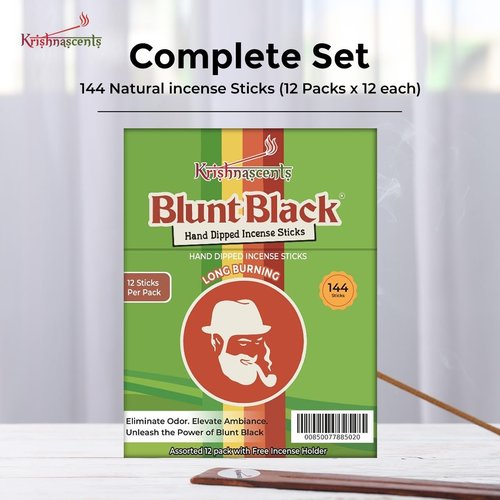 Krishnascents Blunt Black Hand-Dipped Incense Sticks | Premium 144 Packs - 12 Variety Scents, 11" Long | Aromatherapy with Long Burn Time (12 Pack, 144 Total Sticks) I Free Wooden Stick Holder