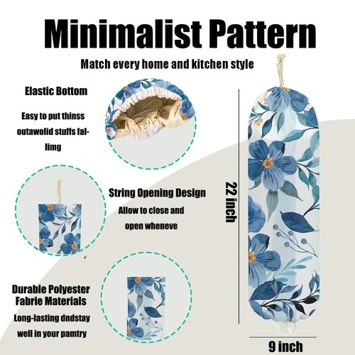 Flowers Plastic Bag Holder 22.5x9 Inch, Blue Floral Wall Mount Grocery Bag Holder for Plastic Bags, Washable Grocery Bags Storage Dispenser for Home Kitchen Pantry Decor, Flower Gifts for Women