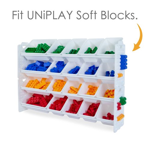 UNiPLAY Toy Organizer with 20 Removable Storage Bins, Multi-Bin Organizer for Books, Building Blocks, School Materials, Toys with Baseplate Board Frame (White)