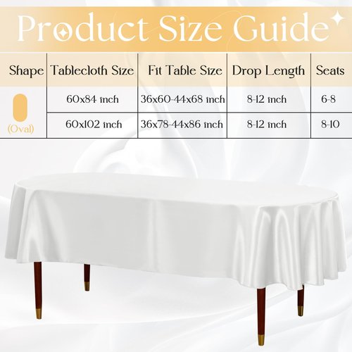 Cobedzy White Satin Oval Tablecloth 60 x 84 Inch for 6-8 Seats, Washable & Wrinkle Resistant Stain Resistant Fabric Table Cover for Wedding, Banquet, Party, Dining, Kitchen, Indoor Outdoor Use