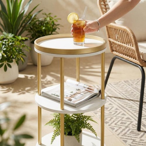 Small Round Side Table, Gold Round End Table with White Shelves, 3-Tier Modern Nightstand for Bedroom & Living Room, 21.7" H Narrow Gold Accent Table for Small Spaces, Dorm, Nursery (White & Gold)