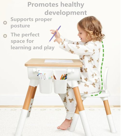 Tonlevo Toddler Desk & Chair Set - Adjustable Height Kids Table with Storage, Solid Wood Legs, Ergonomic for Arts & Crafts, Learning, Snacks & Play (Ages 1-8) - Tool-Free Assembly, White/Natural Wood