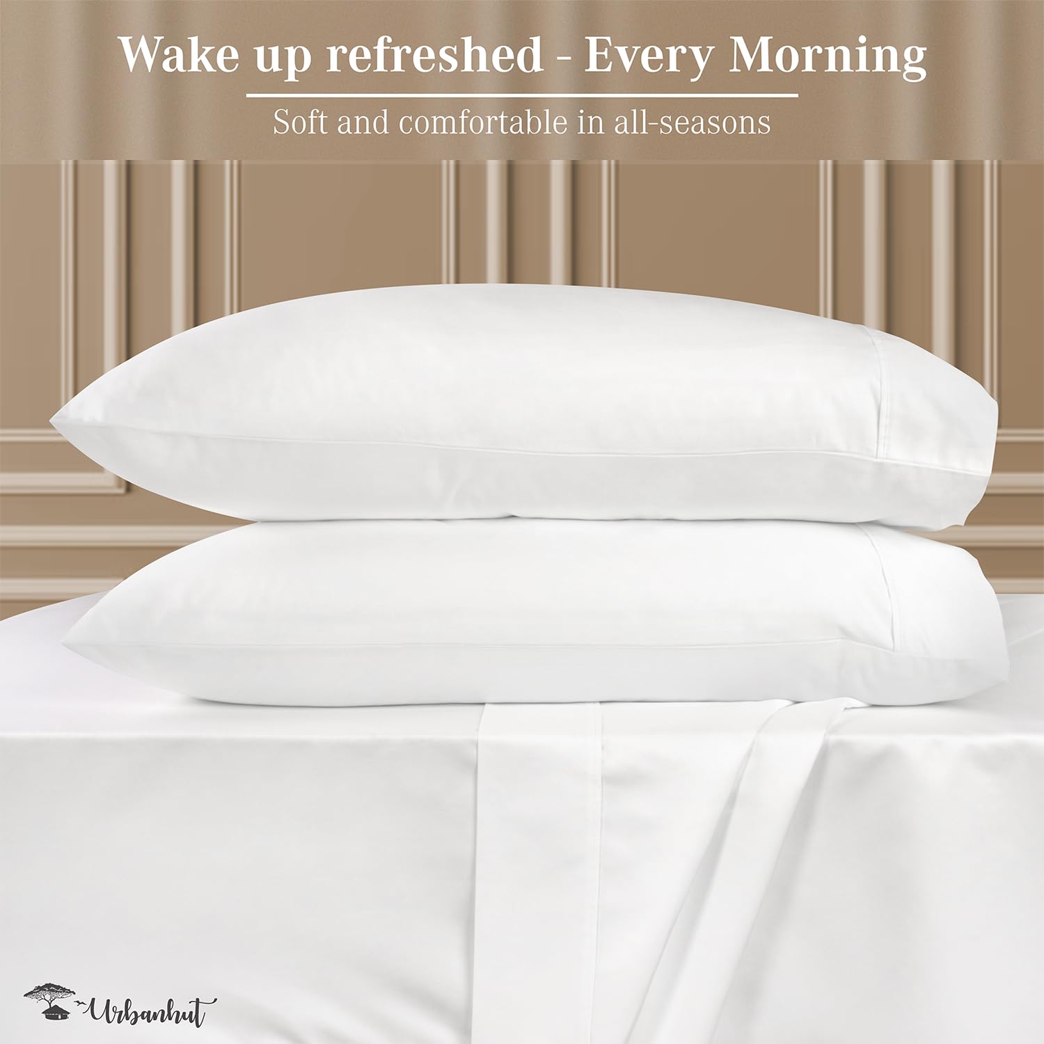 URBANHUT 100% Cotton Sheets Queen Size, 4 Piece Hotel Style Sheet Set Bed Sheet for Queen Size Bed, Sateen Weave Sheets, 16'' Elasticized Deep Pocket - White