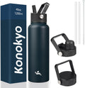 Skiennix 40oz Insulated Stainless Steel Water Bottle - Durable Sport Bottle with 3 Lids | Navy Blue