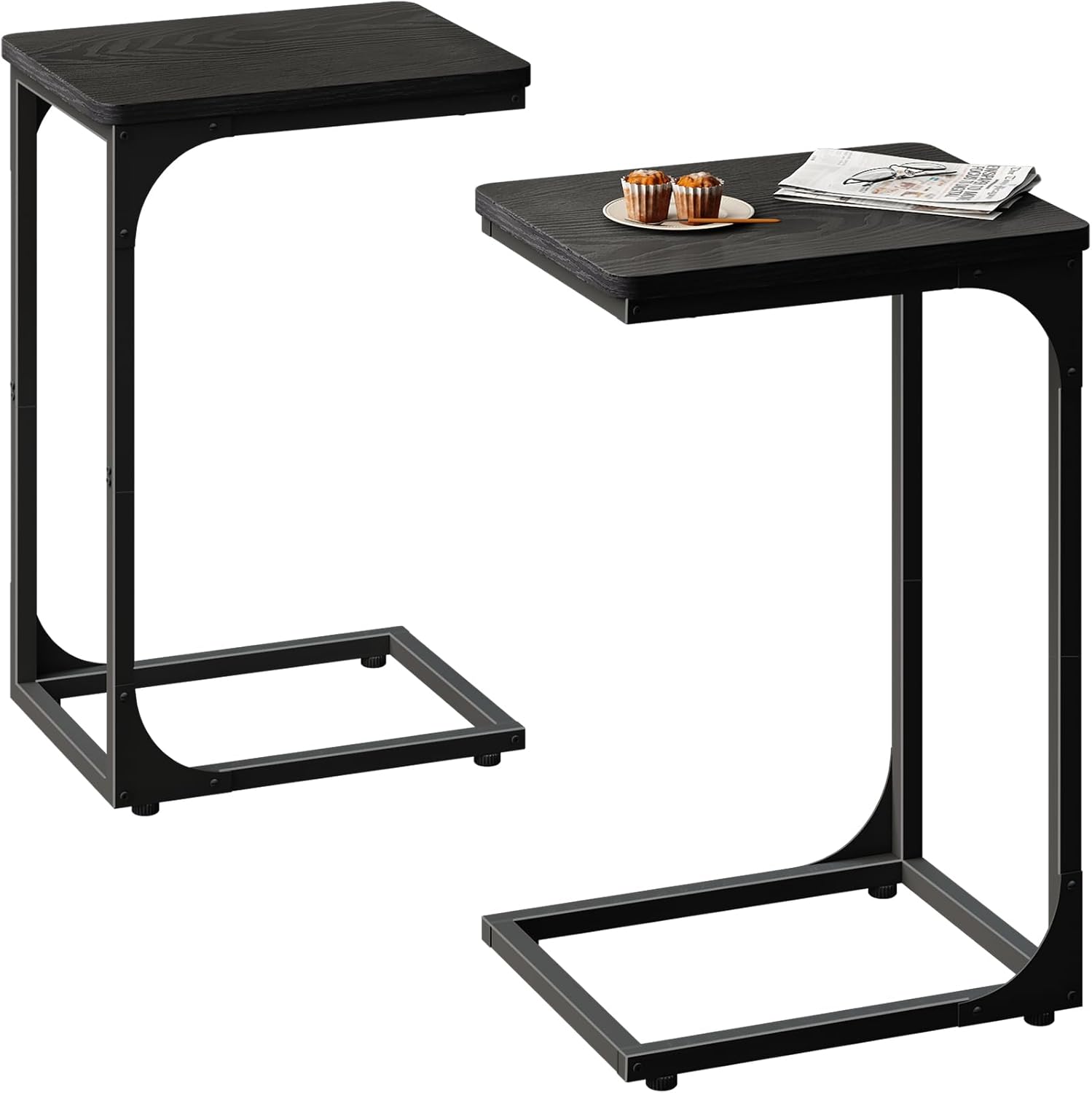 QEEIG C Table Set of 2 - Modern Black C Shaped Side Tables for Living Room & Couch