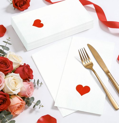 HEIPINIUYE 50 Pieces Valentine Paper Napkins 3-ply White and Red Valentines Heart Guest Napkins Disposable Hand Towels for Bathroom Wedding Valentine's Day Love Party Dinner Napkin